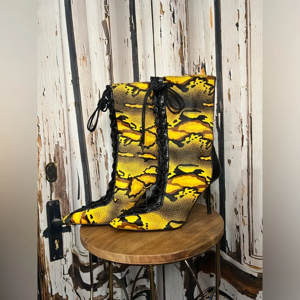 Vibrant Yellow and Black Lace-Up Heeled Boots - Picture 2 of 6